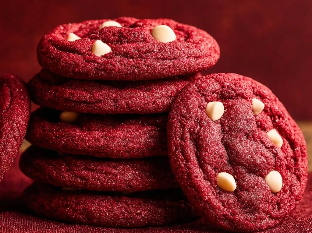 Freshly baked Red Velvet Cookies with cream cheese frosting
