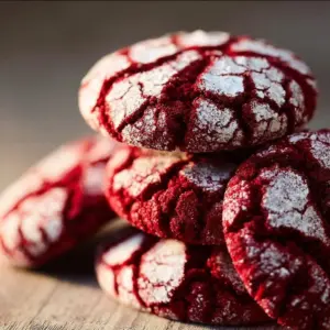 Freshly baked Red Velvet Crinkle Cookies with a powdered sugar coating