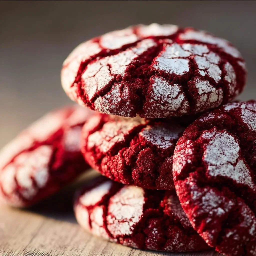 Freshly baked Red Velvet Crinkle Cookies with a powdered sugar coating