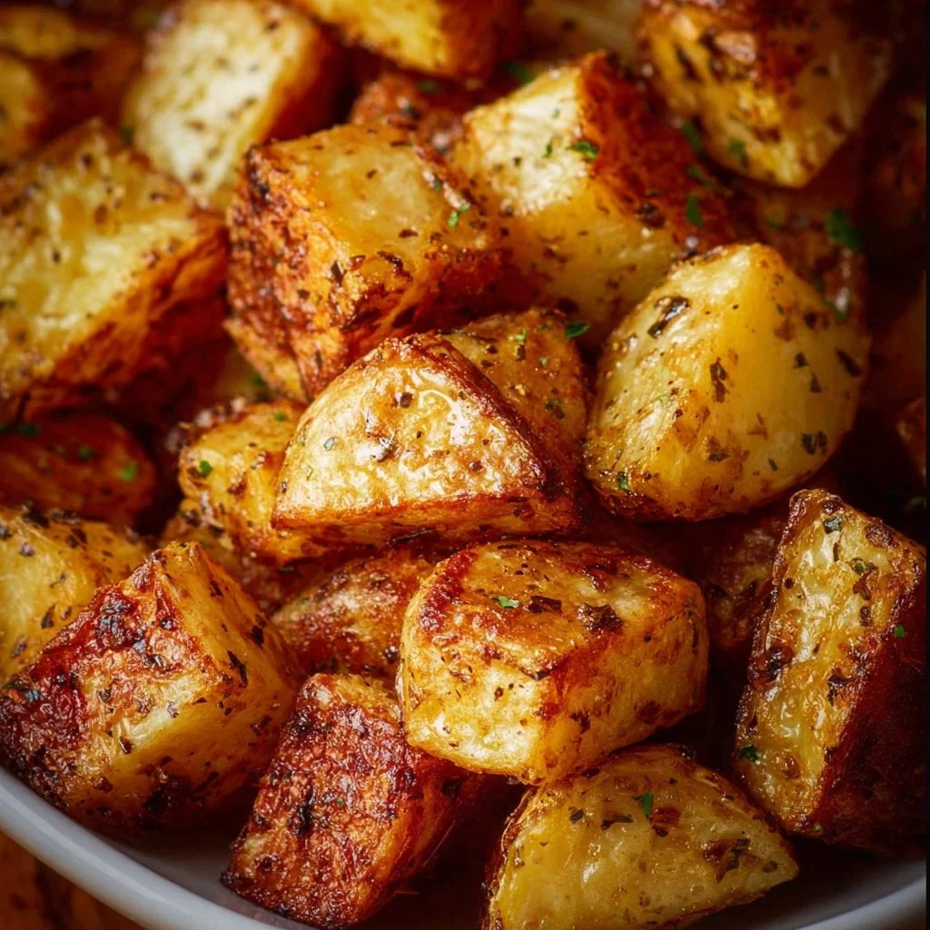 Roasted air fryer diced potatoes served in a bowl