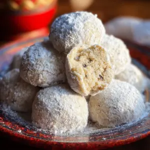 Plate of buttery Russian Tea Cookies dusted with powdered sugar