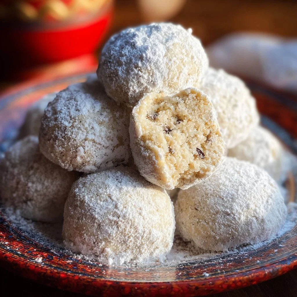 Plate of buttery Russian Tea Cookies dusted with powdered sugar