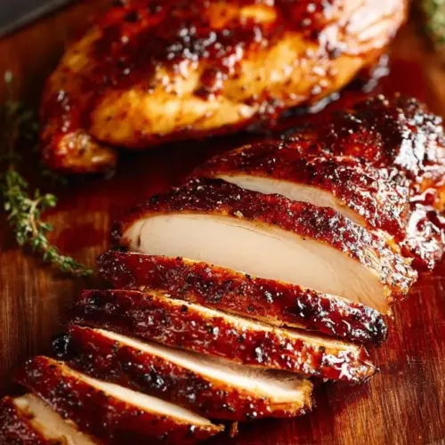 Deliciously seasoned smoked chicken breast on a wooden board.