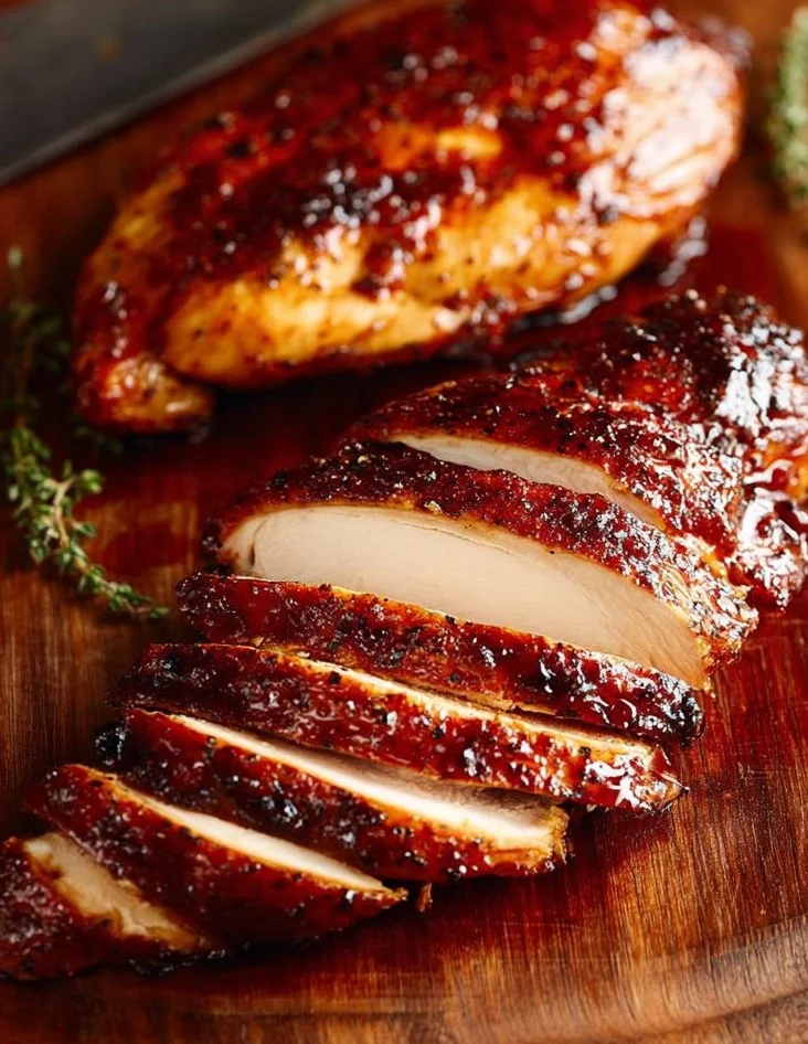 Deliciously seasoned smoked chicken breast on a wooden board.