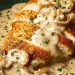 Sour cream and onion chicken dish on a plate, garnished with herbs