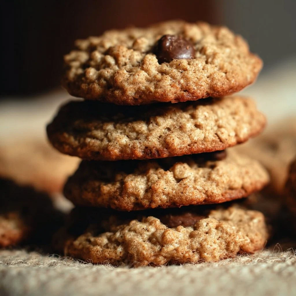 Homemade sourdough oatmeal cookies on a rustic wooden table.
