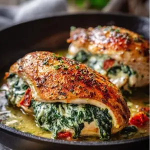 Juicy spinach stuffed chicken breast filled with cheesy spinach mix