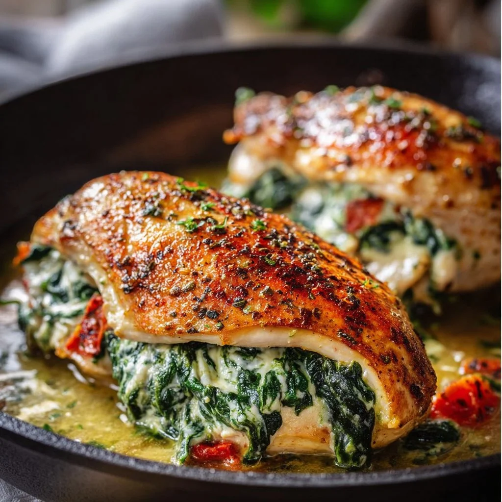Juicy spinach stuffed chicken breast filled with cheesy spinach mix