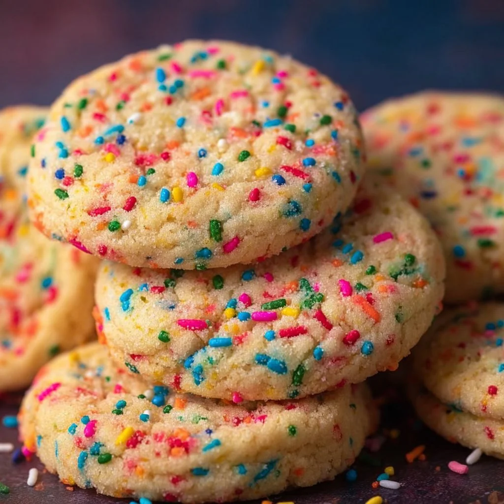 Colorful sprinkle sugar cookies on a decorative plate