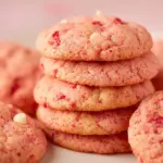 Strawberry cake mix cookies on a white plate, sprinkled with powdered sugar.