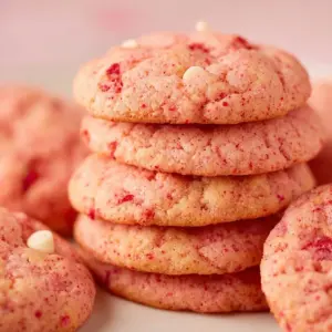 Strawberry cake mix cookies on a white plate, sprinkled with powdered sugar.
