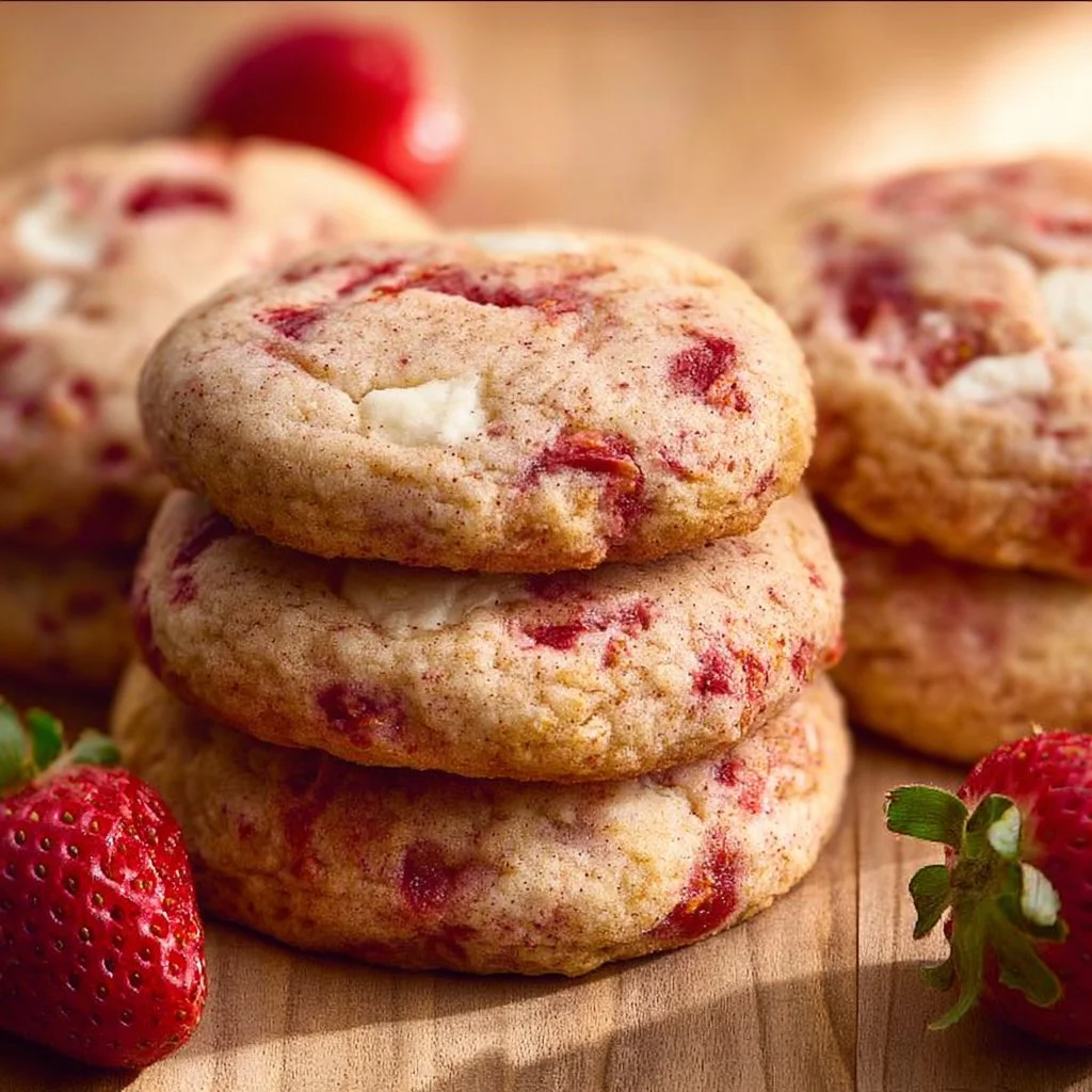 Delicious strawberry cheesecake cookies with cream cheese and fresh strawberries