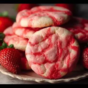 Freshly baked strawberry sugar cookies on a cooling rack