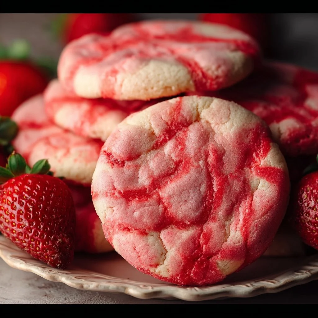 Freshly baked strawberry sugar cookies on a cooling rack