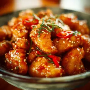 Plate of Sweet Chili Chicken garnished with green onions and sesame seeds.