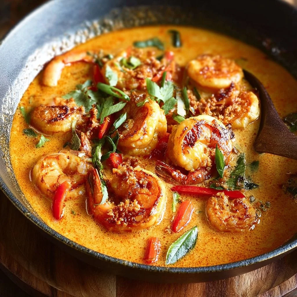 Delicious bowl of Thai coconut shrimp curry with vibrant ingredients