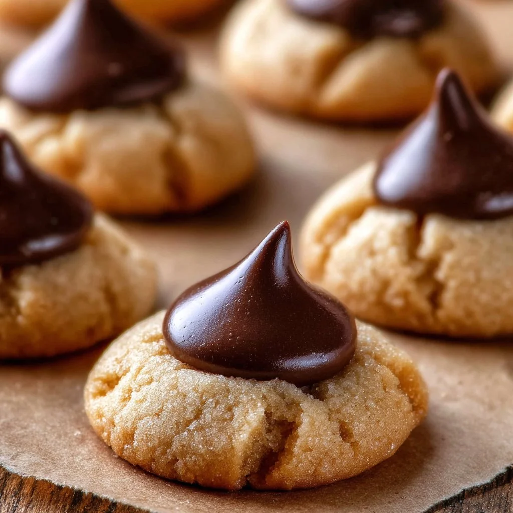 Delicious Thumbprint Hershey Kiss Cookies decorated with chocolate kisses