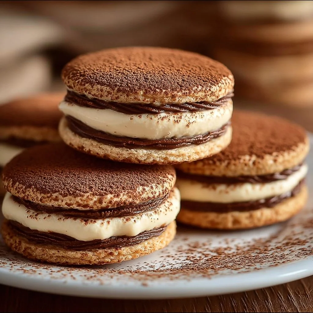 Plate of homemade tiramisu sandwich cookies with coffee and cocoa powder
