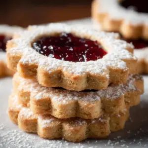 Delicious traditional Linzer cookies filled with berry preserves and dusted with powdered sugar.