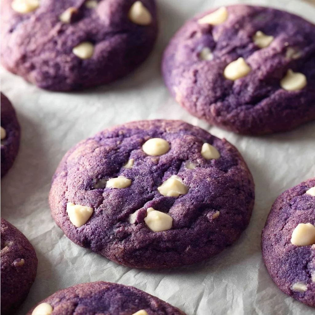Delicious ube cookies with a vibrant purple color and enticing texture.