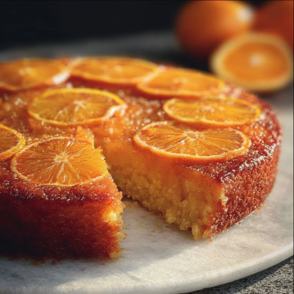 Delicious upside down orange cake topped with bright citrus slices.
