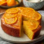 Vegan Orange Cake with fresh orange slices and icing on a white plate