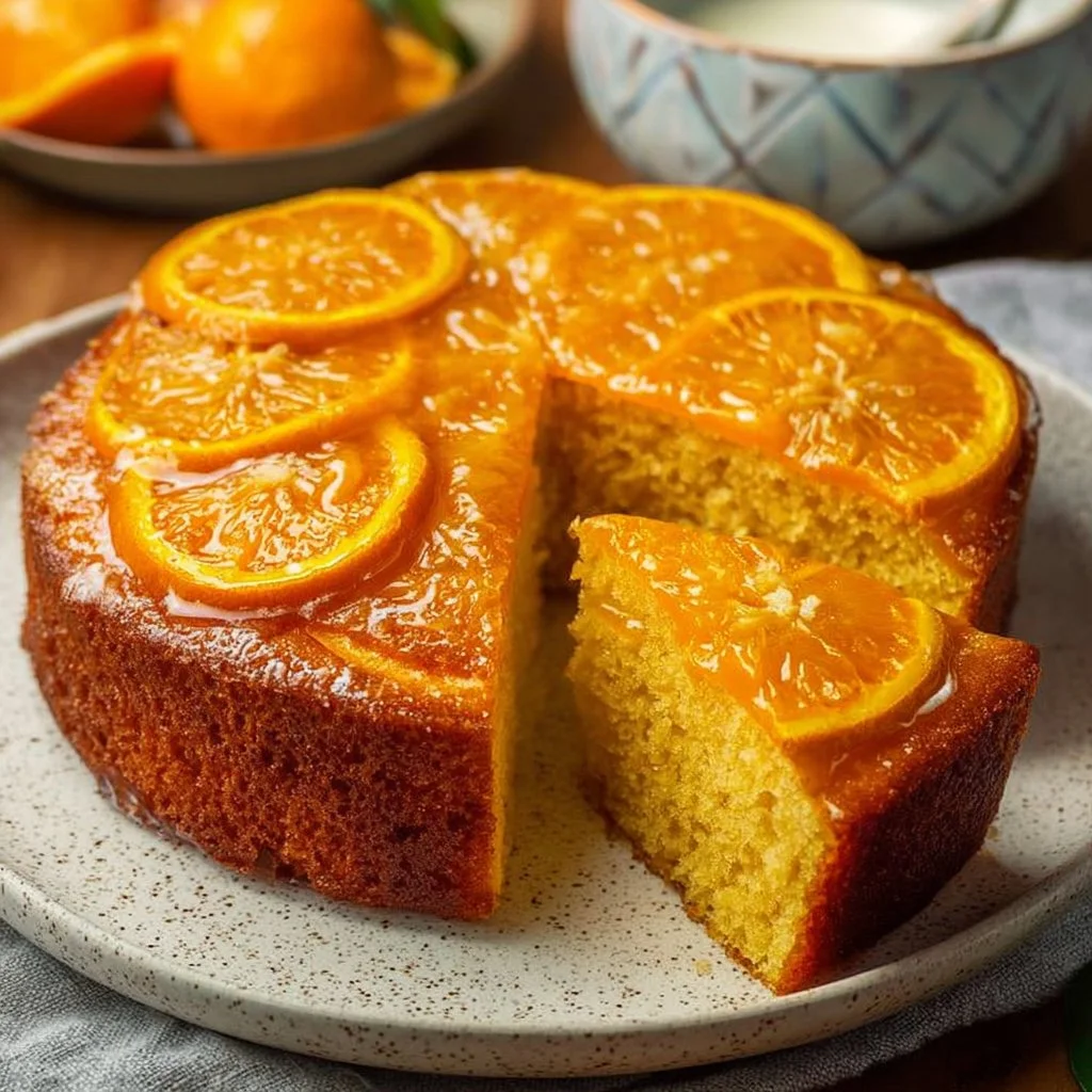 Vegan Orange Cake with fresh orange slices and icing on a white plate