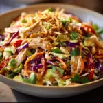 Vibrant chicken salad with colorful veggies and peanut dressing