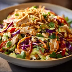 Vibrant chicken salad with colorful veggies and peanut dressing