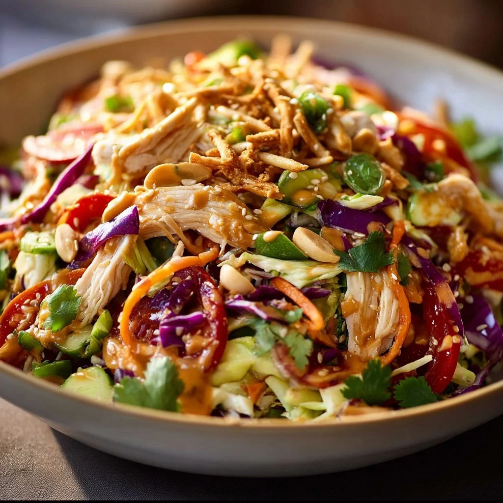 Vibrant chicken salad with colorful veggies and peanut dressing