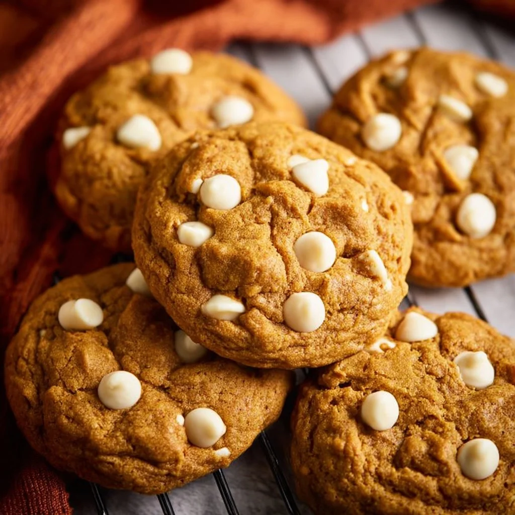 Delicious white chocolate chip pumpkin cookies on a baking tray