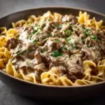 Delicious 30-minute ground beef stroganoff served with noodles.