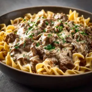 Delicious 30-minute ground beef stroganoff served with noodles.