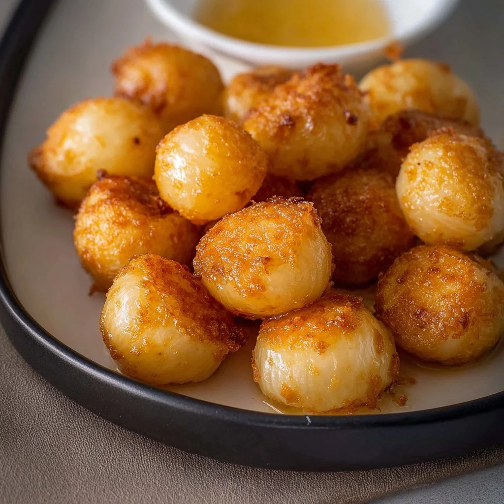 Bowl of crispy air fried pearl onions ready to be served.