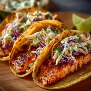 Air Fryer salmon tacos topped with fresh slaw on a serving plate.