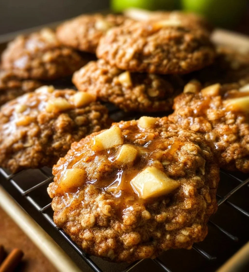 Freshly baked apple cinnamon oatmeal cookies on a wooden table.