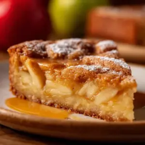 Delicious Apple Gooey Butter Cake served with a dusting of powdered sugar