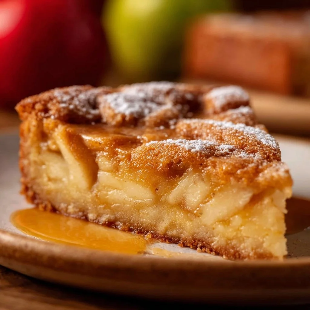 Delicious Apple Gooey Butter Cake served with a dusting of powdered sugar