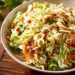 Healthy and vibrant Asian Cabbage Salad served in a bowl with colorful vegetables.