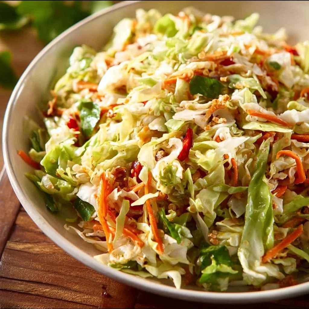 Healthy and vibrant Asian Cabbage Salad served in a bowl with colorful vegetables.