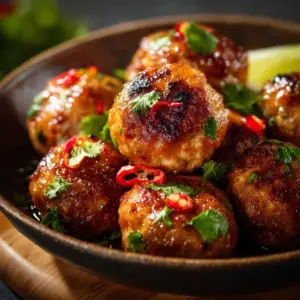 Savory Asian chicken meatballs served with sauce and garnishes