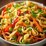 Colorful Asian Pasta Salad with fresh vegetables and sesame dressing