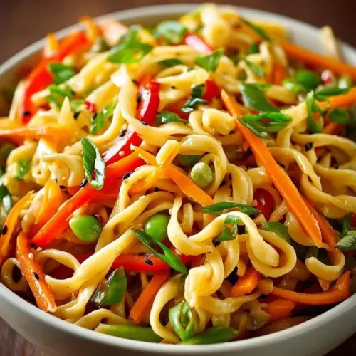 Colorful Asian Pasta Salad with fresh vegetables and sesame dressing