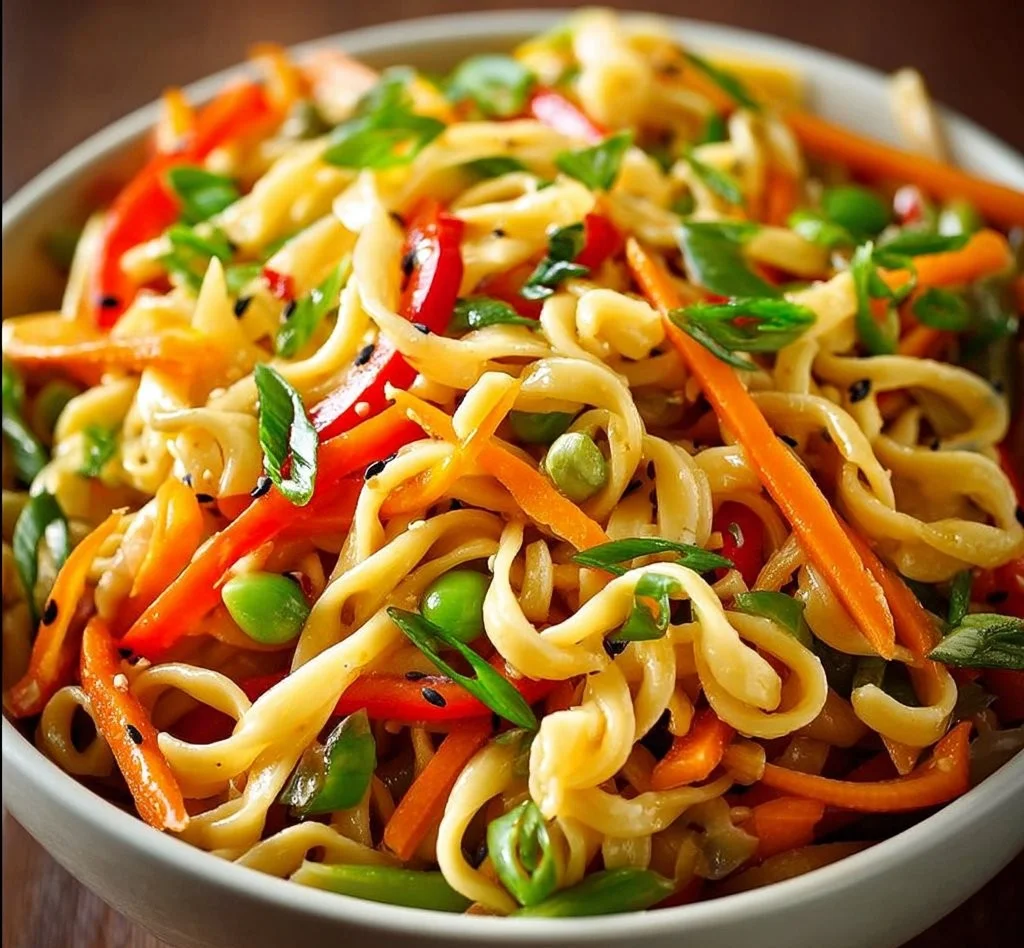 Colorful Asian Pasta Salad with fresh vegetables and sesame dressing
