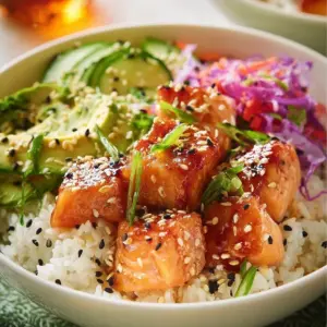 Asian Salmon Rice Bowl with fresh vegetables and flavorful sauce