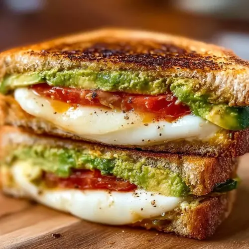 Avocado, mozzarella, and tomato grilled cheese sandwich on a plate