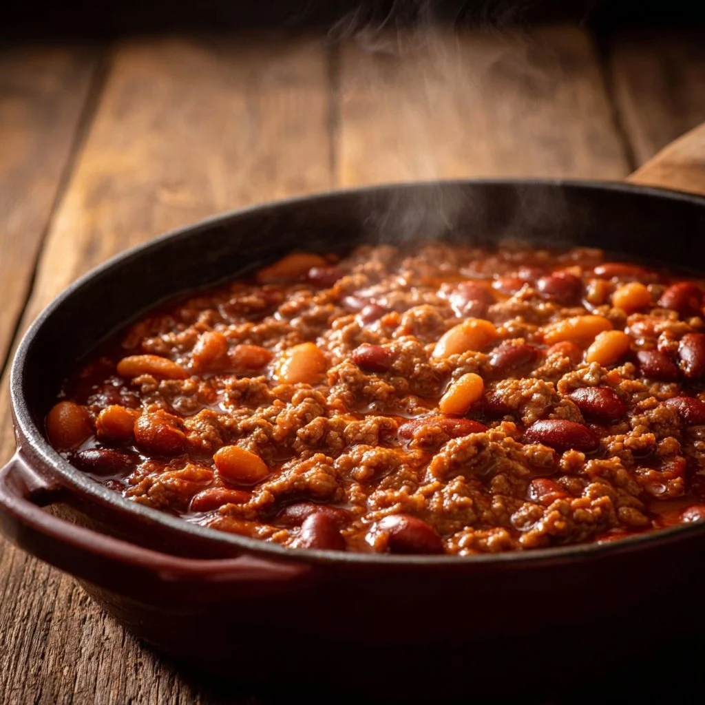 Baked beans with ground beef in a colorful casserole dish, ready to serve.