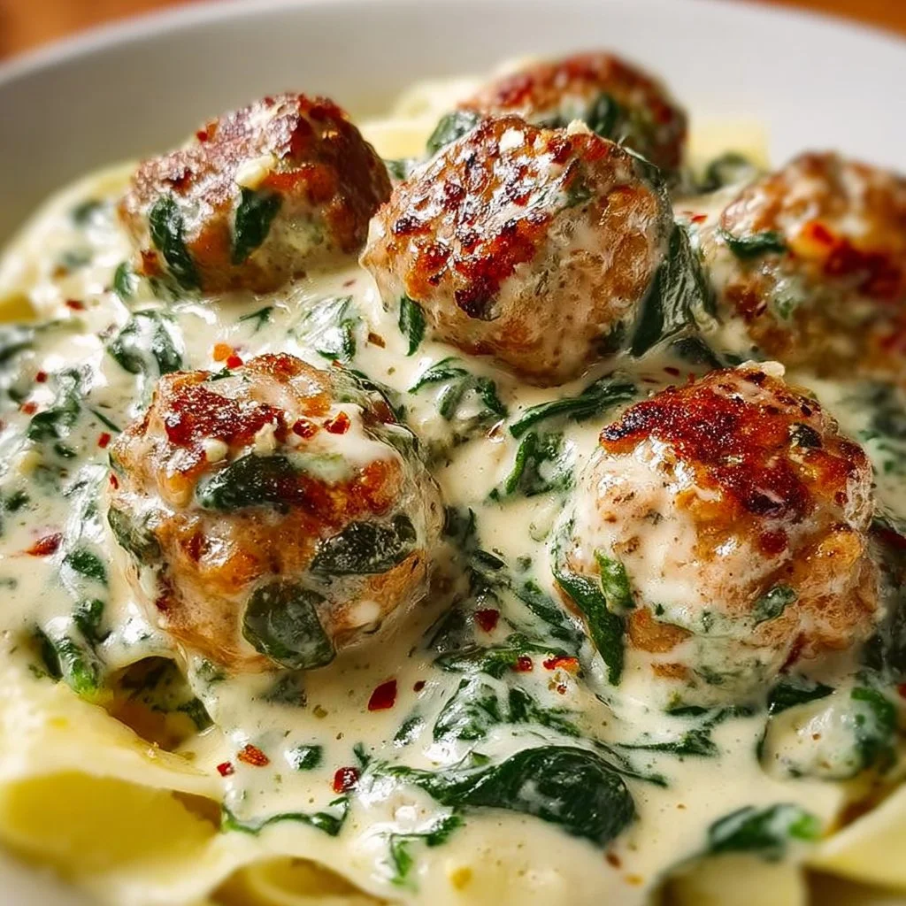 Baked chicken ricotta meatballs served in spinach Alfredo sauce