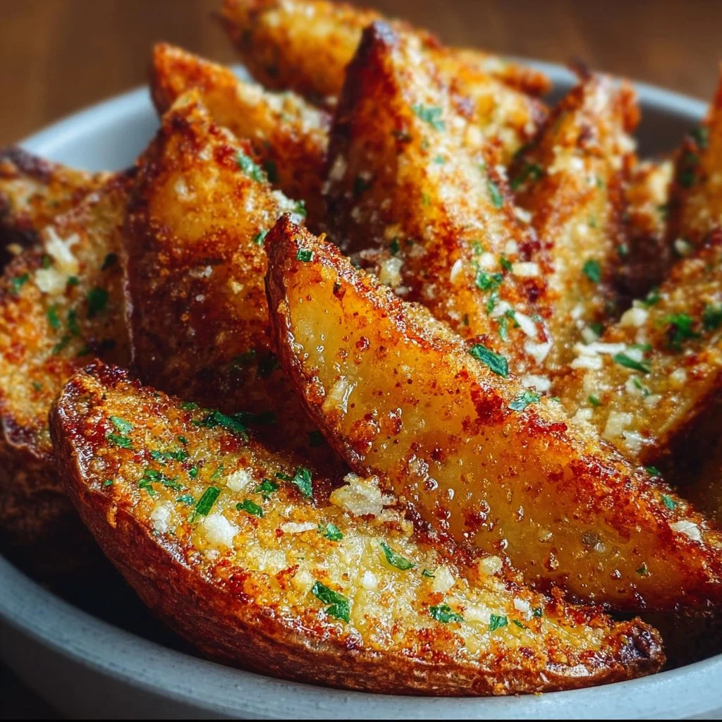 Baked garlic parmesan potato wedges served in a bowl