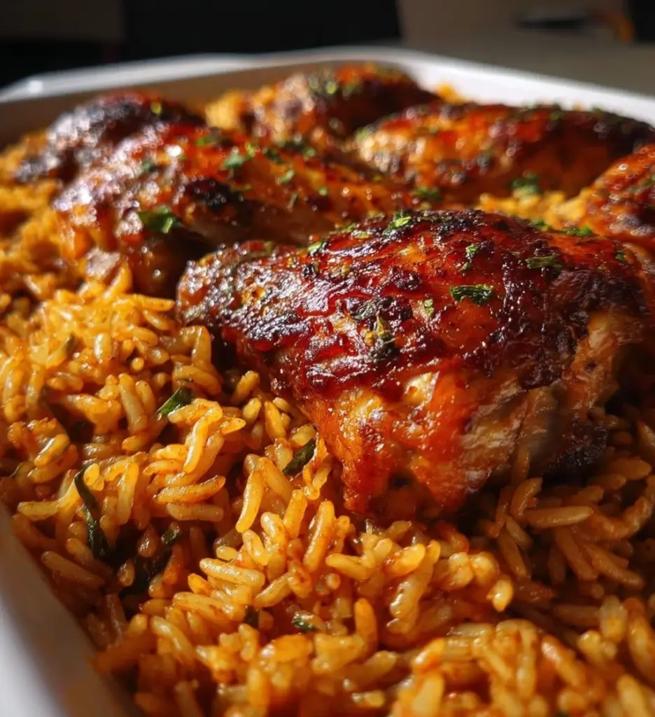Serving of Baked Jollof Rice with Roasted Chicken on a plate